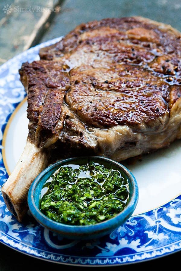 <strong>Get the <a href="http://www.simplyrecipes.com/recipes/cowboy_steak_with_chimichurri_sauce/" target="_blank">Cowboy Steak With Chimichurri recipe</a>&nbsp;from Simply Recipes</strong>