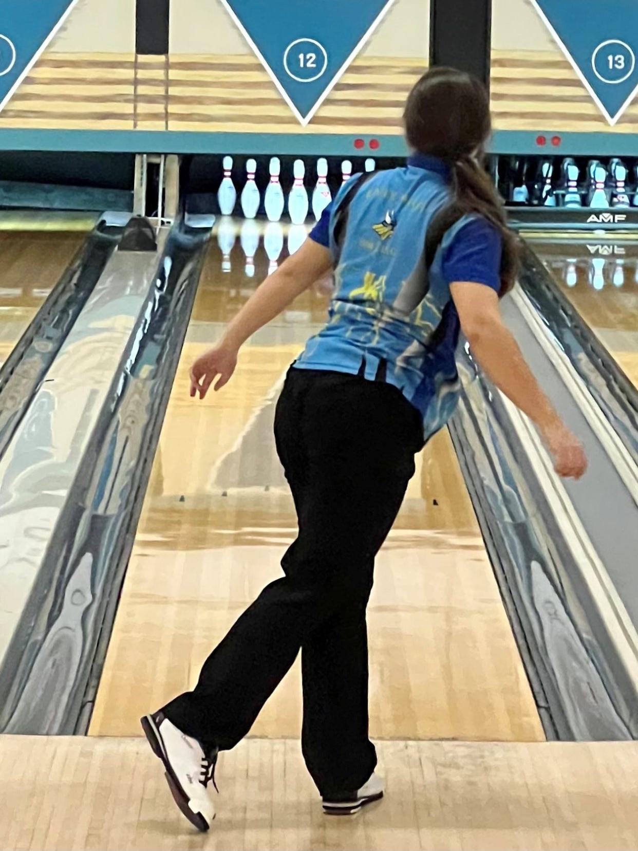 River Valley's Alexis Manning watches a shot during a girls bowling match against Marion Harding at Cooper's Bowl earlier this year. Manning won the Mid Ohio Athletic Conference Girls Bowling Tournament with a 629 series.