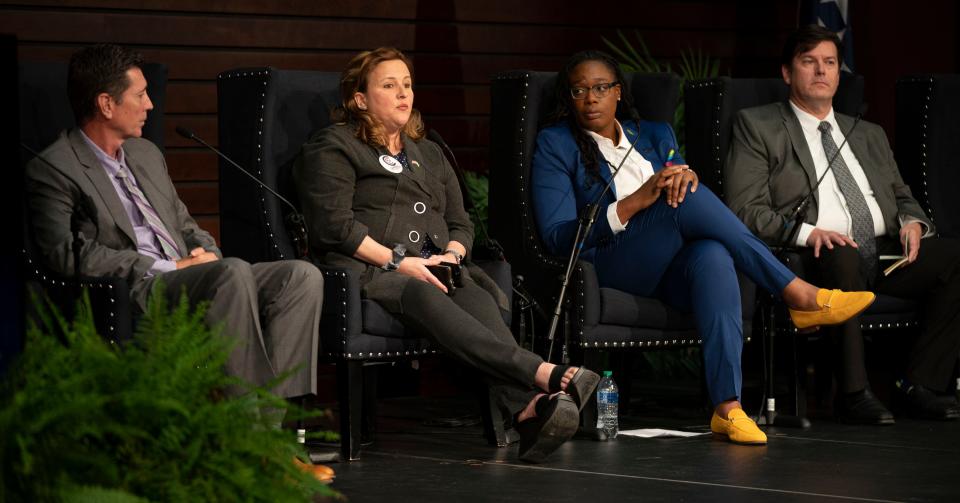 Democratic candidates for the fifth, sixth, and seventh congressional districts Clay Faircloth (sixth), Heidi Campbell (fifth), Odessa Kelly (seventh) and Randall Copper (seventh) respond to questions during a primary candidate forum hosted by The Tennessean at George Shinn Events Center on Lipscomb University's Campus Thursday, May 19, 2022, in Nashville, Tenn. 