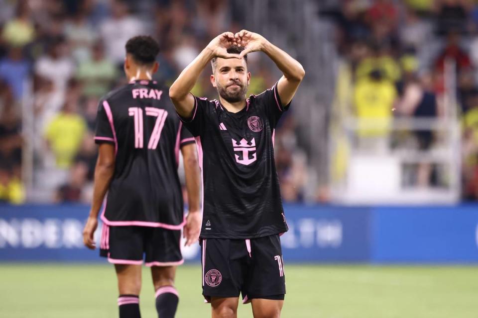 Jordi Alba celebrates his goal in Inter Miami’s 2-1 road win at Nashville SC on June 29, 2024.