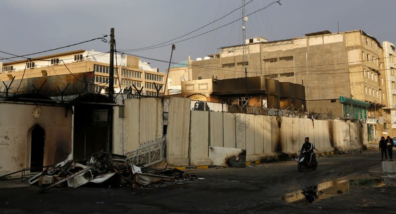 A view of the Iranian consulate after Iraqi demonstrators stormed and set fire to the building during ongoing anti-government protests in Najaf