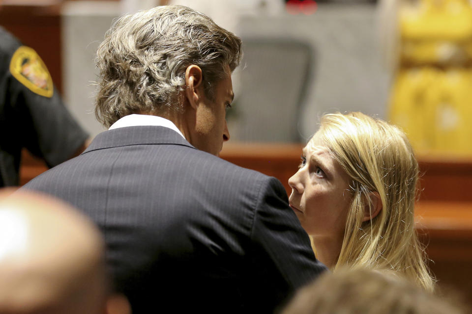 Brooke Skylar Richardson, right, talks to her attorney Charles M. Rittgers after her sentencing hearing, Friday, Sept. 13, 2019, in Lebanon, Ohio. Richardson, acquitted the day before of killing her newborn but convicted of corpse abuse, was sentenced to three years' probation, was sentenced to three years' probation. (Kareem Elgazzar/The Cincinnati Enquirer via AP, Pool)