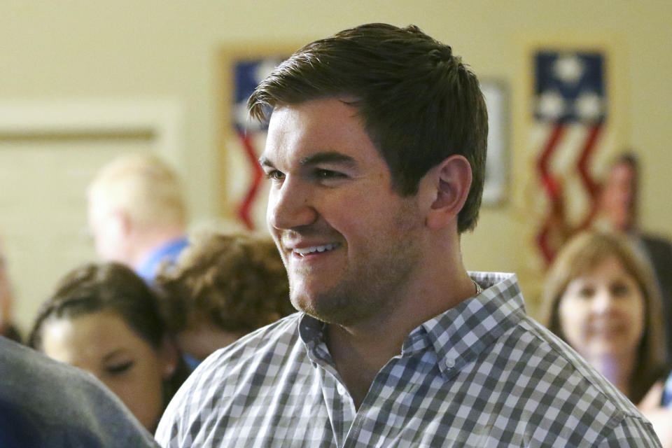 FILE - Alek Skarlatos attends an event at the Douglas County Republican Party headquarters in Roseburg, Ore., May 15, 2018. Skarlatos is running for Oregon's 4th District U.S. House seat against Democrat Val Hoyle. (Michael Sullivan/The News-Review via AP, File)