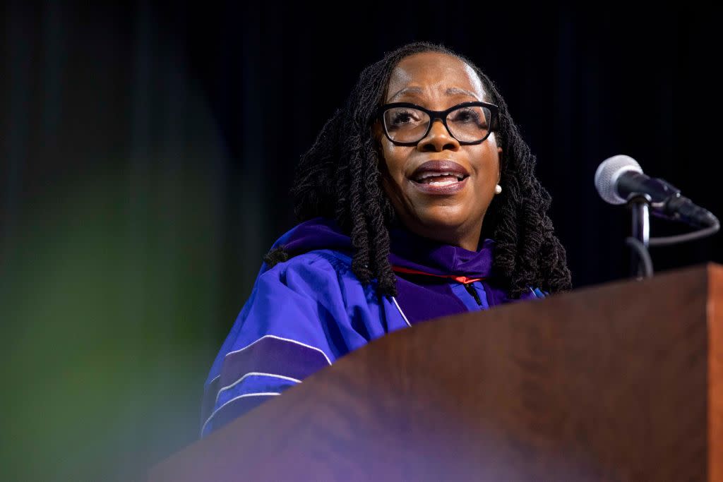 WASHINGTON, D.C. - MAY 20: Supreme Court Justice Ketanji Brown Jackson speaks during the graduation ceremony for American University's law school at American University in Washington, D.C. on May 20, 2023. (Amanda Andrade-Rhoades/For The Washington Post via Getty Images)