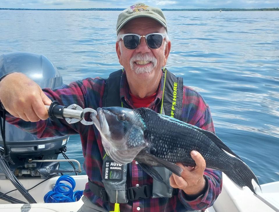 Gary Vandemoortele of Smithfield with his first keeper black sea bass of the season, a 21” fish caught off Warwick Light on Monday. Gary said, “Guess we’re having fresh fish sandwiches for dinner tonight.”
