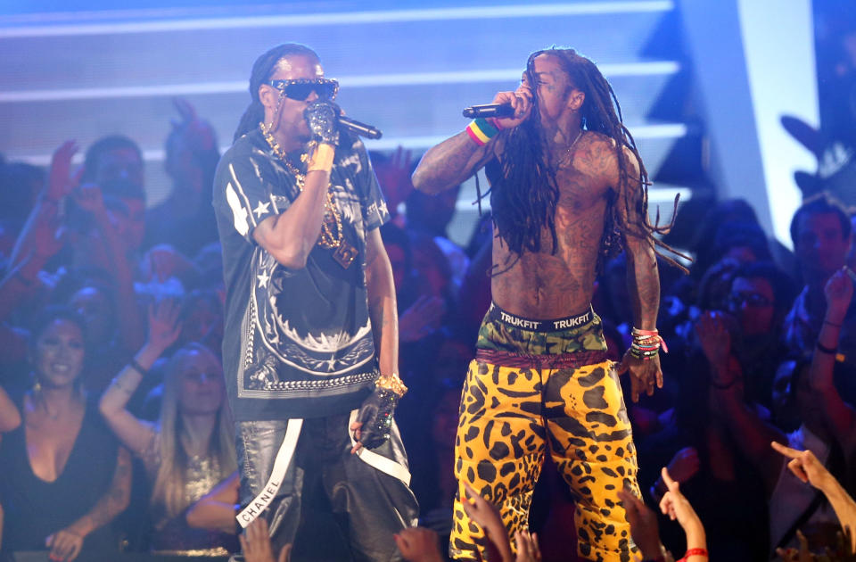 Rappers Lil Wayne (R) and 2 Chainz perform onstage during the 2012 MTV Video Music Awards at Staples Center on September 6, 2012 in Los Angeles, California. (Photo by Christopher Polk/Getty Images)