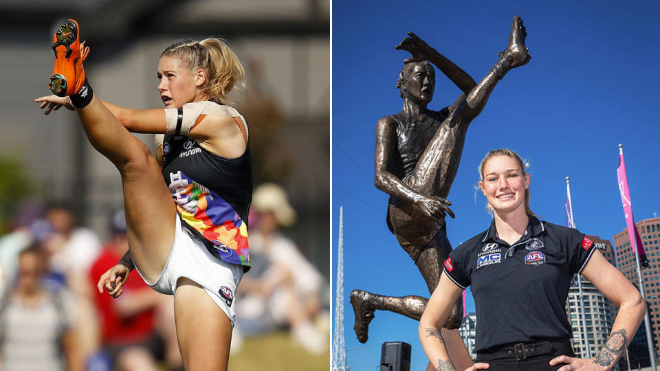 A statue of Tayla Harris' iconic kick has been unveiled in Melbourne.