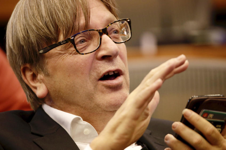 European Parliament Brexit chief Guy Verhofstadt speaks during a meeting of the Committee on Petitions at the European Parliament, Wednesday, Oct. 2, 2019. British Prime Minister Boris Johnson sent to Brussels what he says is the U.K.'s final offer for a Brexit deal, with the date set for Britain's departure less than a month away. (AP Photo/Olivier Matthys)