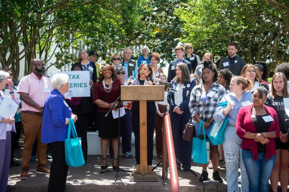 State Rep. Penni McClammy speaks as a group gathers to protest the state grocery tax outside the Alabama State House in Montgomery, Ala., on Tuesday, April 11, 2023.