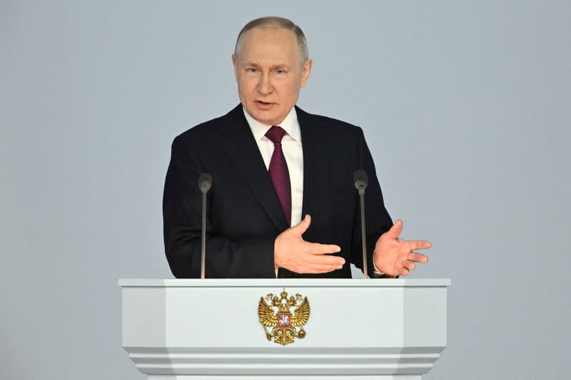 Russian President Putin delivers his annual address to the Federal Assembly in Moscow