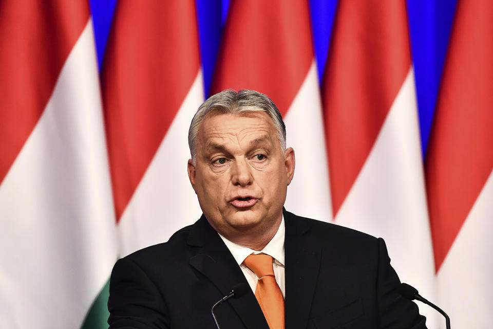 Viktor Orban delivers his annual state of the nation speech in Varkert Bazaar conference hall of Budapest, Hungary, Saturday, Feb 12, 2022. He is preparing with his right-wing party FIDESZ for the upcoming elections on April 3. (AP Photo/Anna Szilagyi)