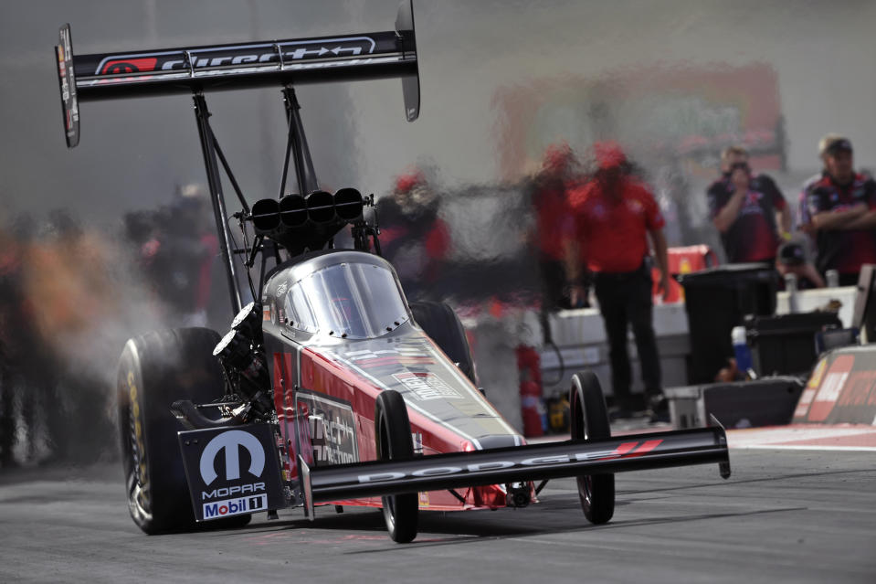 In this photo provided by the NHRA, driver/owner Tony Stewart takes part in a qualifying run at the Gatornationals at Gainesville Raceway in Gainesville, Fla., Friday, March 8, 2024. Stewart made his Top Fuel debut in the season-opening event but lost in the first round of eliminations. (Jerry Foss/NHRA/National Dragster via AP)