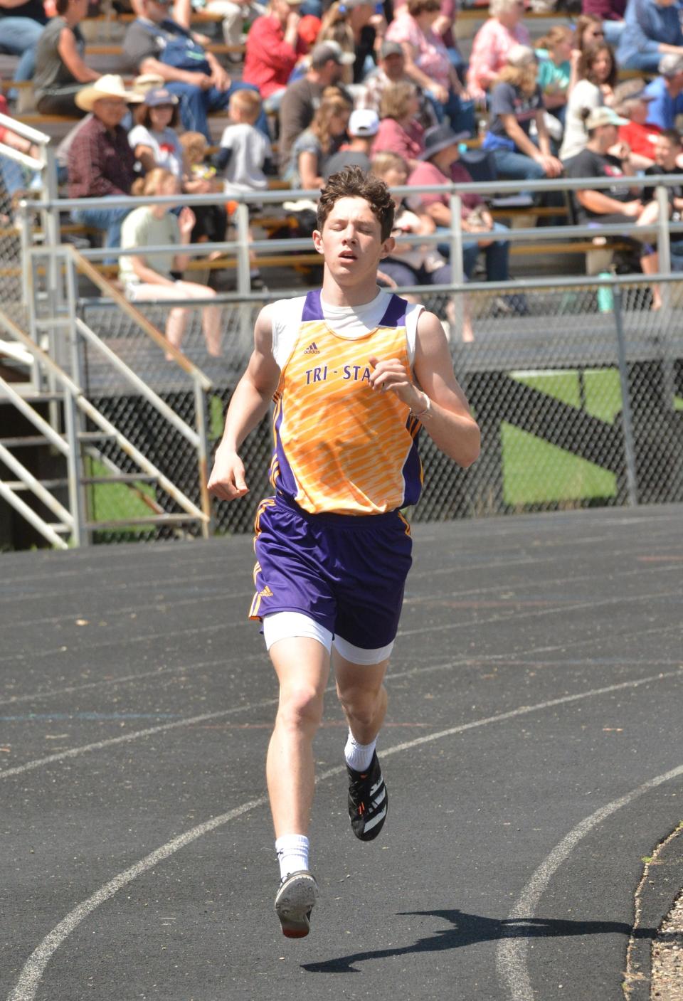 Tri-State's Kaleb Foltz cruised to victory in the boys' 1,600-meter run and also ran on two winning relays Tuesday during the Eastern Coteau Conference track and field meet at Allen Mitchell Field.