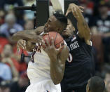 Arizona forward Rondae Hollis-Jefferson, left, competes with San Diego State forward Skylar Spencer for a rebound during the first half of an NCAA men's college basketball tournament regional semifinal, Thursday, March 27, 2014, in Anaheim, Calif. (AP Photo/Jae C. Hong)