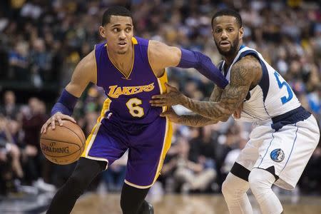 Jan 22, 2017; Dallas, TX, USA; Dallas Mavericks guard Pierre Jackson (55) guards Los Angeles Lakers guard Jordan Clarkson (6) during the second half at the American Airlines Center. The Mavericks defeat the Lakers 122-73. Mandatory Credit: Jerome Miron-USA TODAY Sports