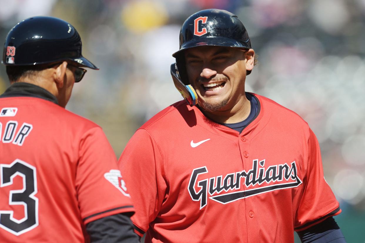 Guardians designated hitter Josh Naylor reacts after hitting a three-run double during the seventh inning against the Oakland Athletics, April 21, 2024, in Cleveland.