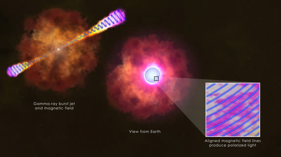 This illustration shows how measurements of polarized light in the afterglow of the gamma-ray burst GRB 120308A by the Liverpool Telescope and its RINGO2 instrument indicate the presence of a large-scale stable magnetic field linked with a youn