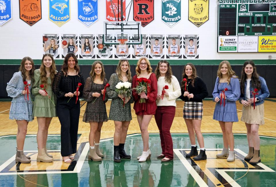 Smithville High School Homecoming Court members are Faith Lengacher, left, Kiersten Ross, Lila Feil, Abby Besancon, Queen Madelyn Lengacher, Princess Sophia Besancon, Adeline Thorn, Hailey Thut, Reagan Gherian and Annalise Wertz.