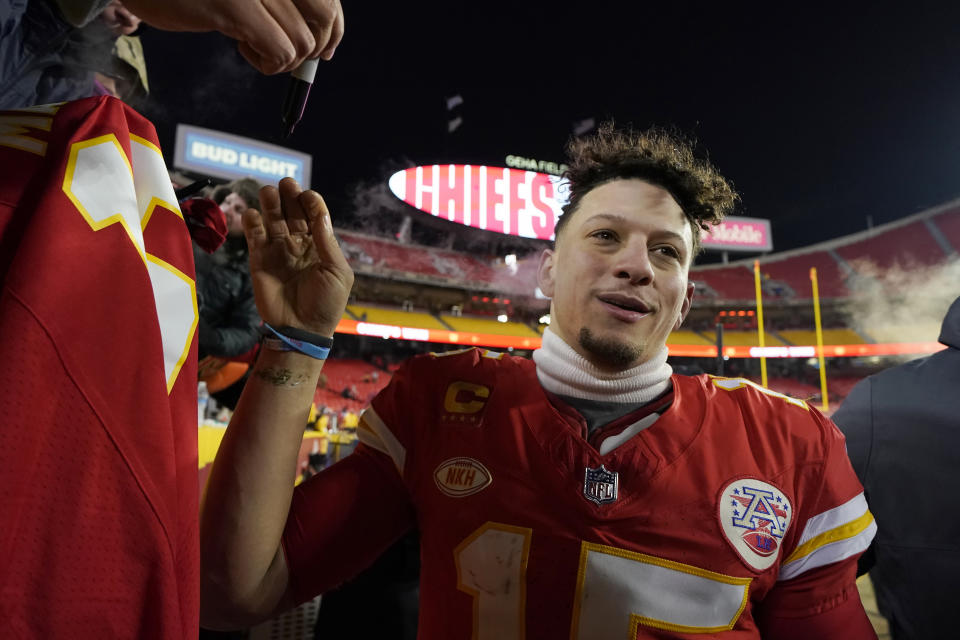 Kansas City Chiefs quarterback Patrick Mahomes greets fans after an NFL wild-card playoff football game against the Miami Dolphins Saturday, Jan. 13, 2024, in Kansas City, Mo. (AP Photo/Ed Zurga)