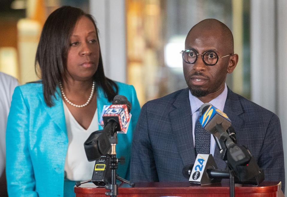 Memphis-Shelby County Schools Board Chair Michelle McKissack watches Kenneth Walker, general counsel for Memphis-Shelby County Schools, speak during a press conference following a Memphis-Shelby County Schools board special called meeting Tuesday, Aug. 23, 2022, in Memphis. During the meeting, the board accepted Superintendent Joris Ray’s resignation 8-0. Ray was under investigation concerning "allegations of impropriety.”