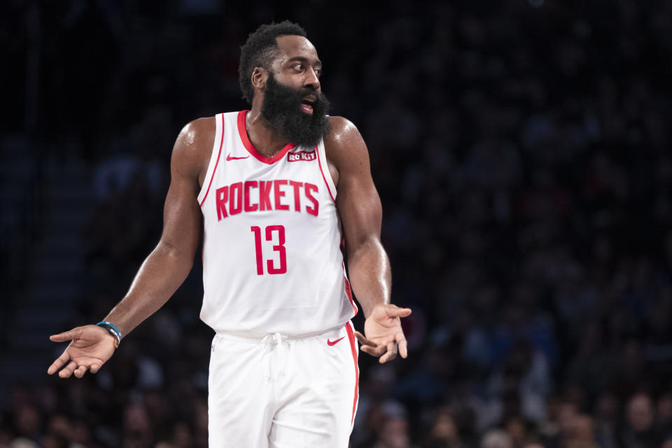 Houston Rockets guard James Harden questions a cal during the first half of the team's NBA basketball game against the Brooklyn Nets, Friday, Nov. 1, 2019, in New York. (AP Photo/Mary Altaffer)