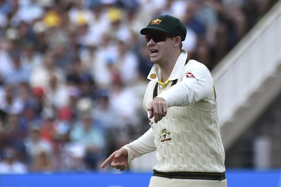 Australia's Steven Smith gestures during day four of the first Ashes Test cricket match, at Edgbaston, Birmingham, England, Monday, June 19 2023. (AP Photo/Rui Vieira)