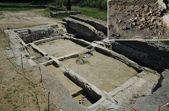 Remains of Etruscan merchants' quarters in Lattara, France, where large amphoras, or jars, containing traces of wine were discovered (inset).