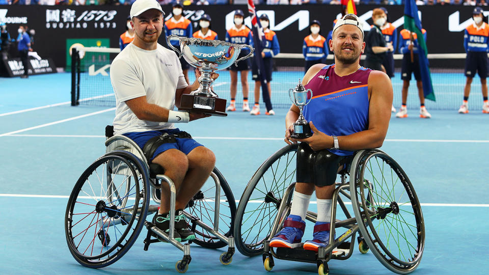 Dutchman Sam Schroder defeated retiring Australian star Dylan Alcott in the quad wheelchair final at the 2022 Australian Open. (Photo by AARON FRANCIS/AFP via Getty Images)