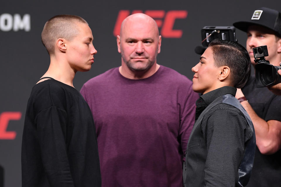 ATLANTA, GA - APRIL 12:  (L-R) Rose Namajunas and Jessica Andrade of Brazil face off during the UFC Seasonal Press Conference inside State Farm Arena on April 12, 2019 in Atlanta, Georgia. (Photo by Josh Hedges/Zuffa LLC/Zuffa LLC via Getty Images)