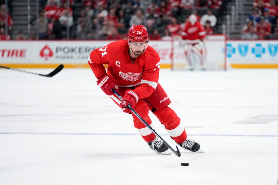 Detroit Red Wings center Dylan Larkin (71) plays against the Toronto Maple Leafs in the second period at Little Caesars Arena in Detroit on Saturday, Oct. 7, 2023.