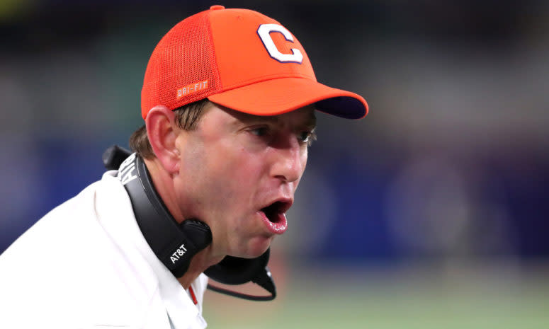 A closeup of Clemson football coach Dabo Swinney.