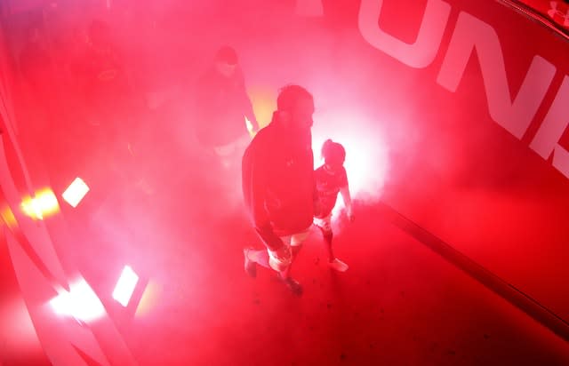 Alun Wyn Jones leads Wales on to the field against South Africa in December 2017