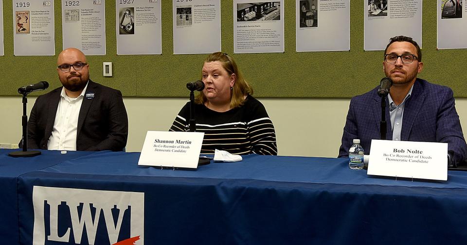 Boone County recorder of deeds Democratic candidates from left, Nick Knoth, Shannon Martin and Bob Nolte answer questions Thursday at the League of Women Voters Forum at the Columbia Public Library.