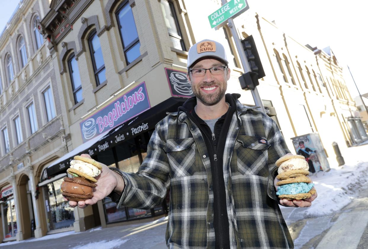 Legendairy Cookies and Creamery owner Jeremy Mattson is moving his custard sandwich shop from Shawano to downtown Appleton in the former Bagelicious located at 101 E. College Ave. He is pictured here Monday, Jan. 30, 2023, in downtown Appleton, Wis.