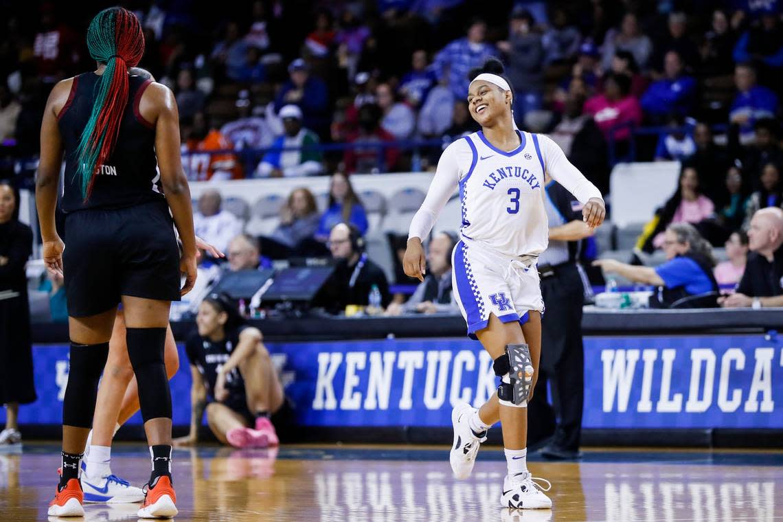 Kentucky freshman Kennedy Cambridge (3) walks down the court after forcing a turnover against South Carolina on Jan. 12 in Memorial Coliseum. She averages 13.1 minutes and 2.5 points per game.
