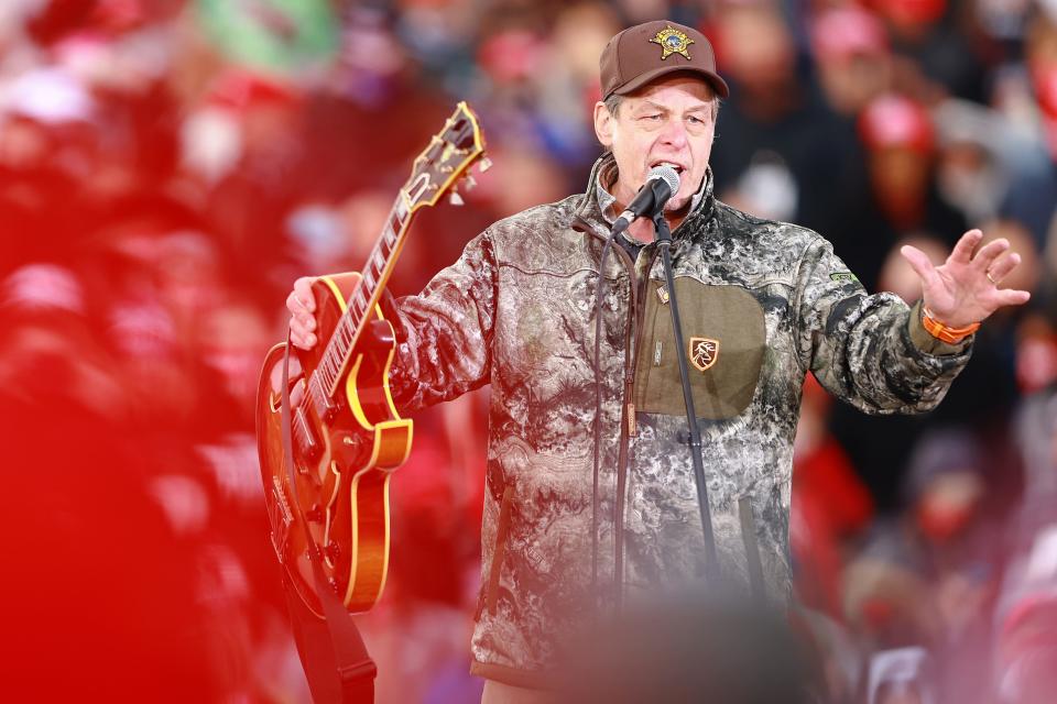 Ted Nugent performs at a campaign event for U.S. President Donald Trump on October 17, 2020 in Muskegon, Michigan.