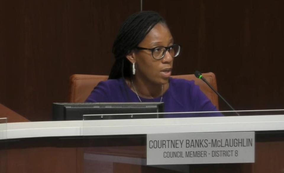 Fayetteville City Council Member Courtney Banks-McLaughlin asks questions during a special meeting, called on Wednesday, Aug. 16, 2023 to address youth gun violence.