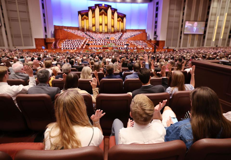 Attendees sustain leaders during the 193rd Semiannual General Conference of The Church of Jesus Christ of Latter-day Saints at the Conference Center in Salt Lake City on Saturday, Sept. 30, 2023. | Jeffrey D. Allred, Deseret News