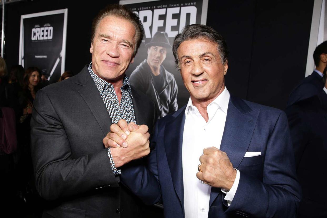 <p>Eric Charbonneau/Getty</p> Arnold Schwarzenegger and Sylvester Stallone on Nov. 19, 2015