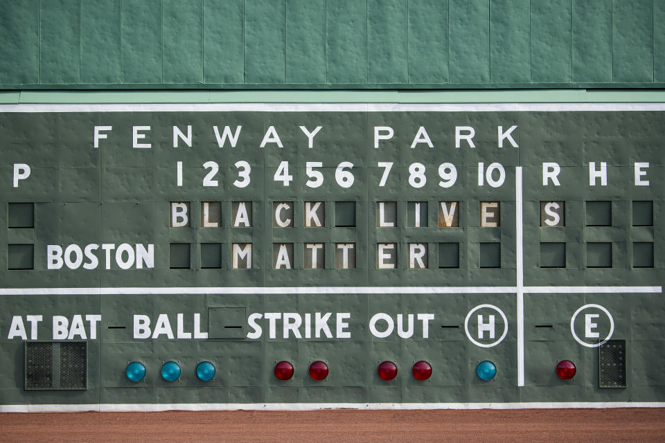 BOSTON, MA - JUNE 2: A Black Lives Matter message is displayed on the Green Monster scoreboard in response to the recent death of George Floyd on June 2, 2020 at Fenway Park in Boston, Massachusetts. Protests spread across cities in the U.S., and in other parts of the world in response to the death of African American George Floyd while in police custody in Minneapolis, Minnesota. (Photo by Billie Weiss/Boston Red Sox/Getty Images)