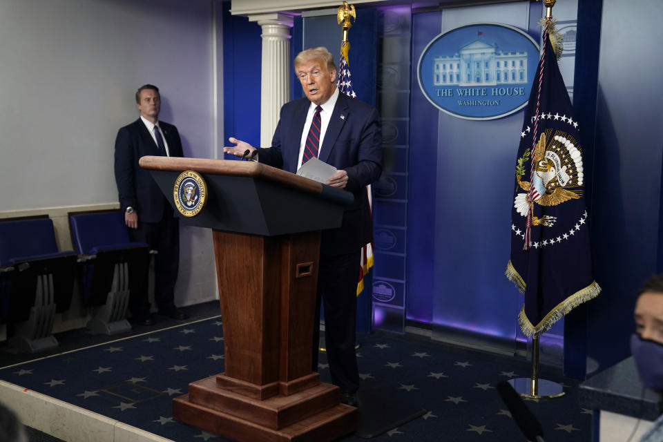 President Donald Trump speaks during a news conference at the White House, Thursday, July 30, 2020, in Washington. (AP Photo/Evan Vucci)