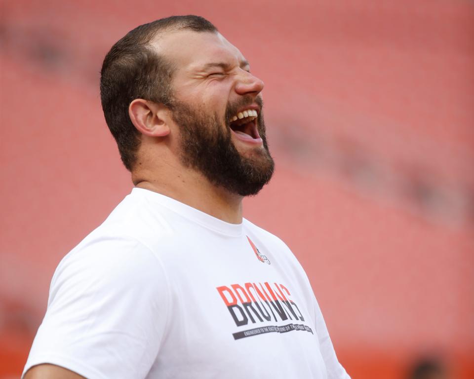 Cleveland Browns tackle Joe Thomas attends practice during the first half of an preseason game against the Atlanta Falcons on Aug. 18, 2016, in Cleveland.