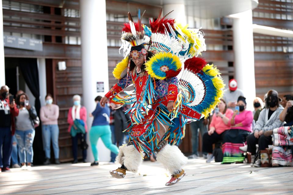 Boye Ladd, Ho-Chunck, Cree, Zuni, dances a fancy dance on Saturday, Feb. 12, 2022, during the Potato Dance Competition at the First Americans Museum in Oklahoma City.