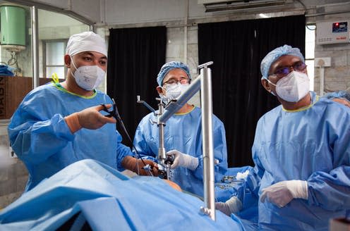 <span class="caption">Gasless laparoscopic surgery performed by Dr Biju Islary using the RAIS system.</span> <span class="attribution"><span class="source">Dr. Hampher Kynjing, Nazareth Hospital, Shillong</span>, <span class="license">Author provided</span></span>