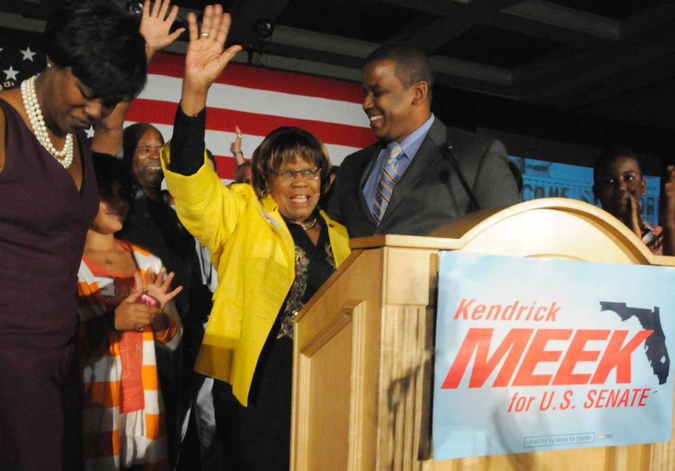 A proud Carrie Meek, center, with her son Kendrick after he was declared winner of the Democratic Senate primary, at the Westin Diplomat, 3555 South Ocean Drive, Hollywood, Florida, Tuesday, August 24, 2010.