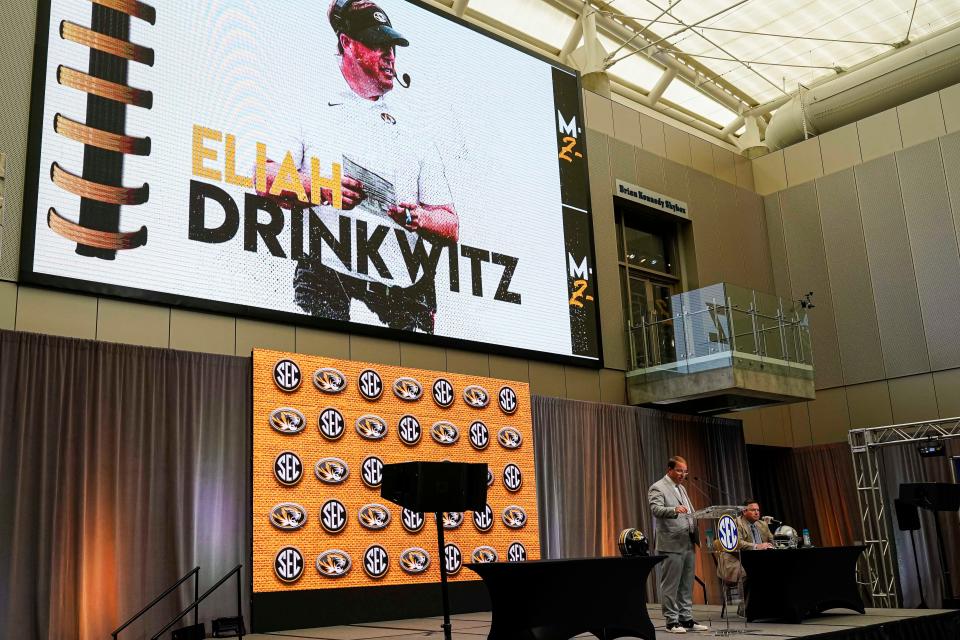 Missouri head coach Eliah Drinkwitz addresses the media Monday during SEC Media Days at the College Football Hall of Fame in Atlanta.