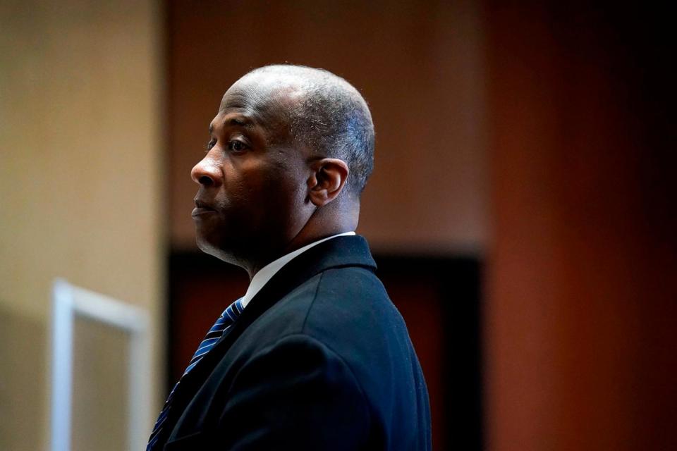 PHOTO: James Ray III stands as the jury enters the courtroom before opening arguments for Ray's murder trial in Judge Verna Leath's courtroom in Newark, March 29, 2023.  (Danielle Parhizkaran/The Record via AP, Pool)