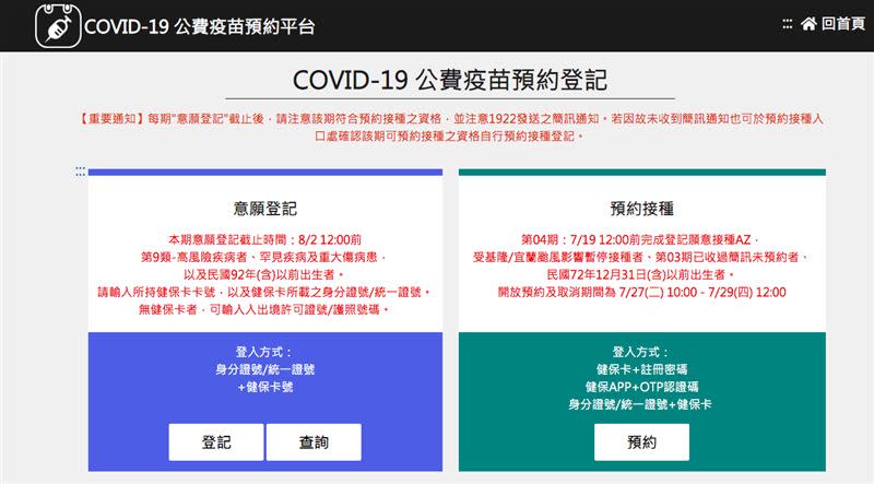  COVID-19疫苗施打意願登記與預約系統。（圖／翻攝自1922.gov.tw）