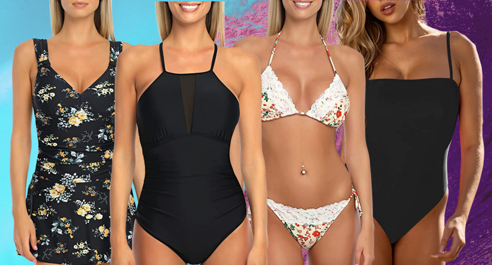 women's swimsuits amazon canada, four models wearing swim dresses, one piece swimsuits, and bikinis