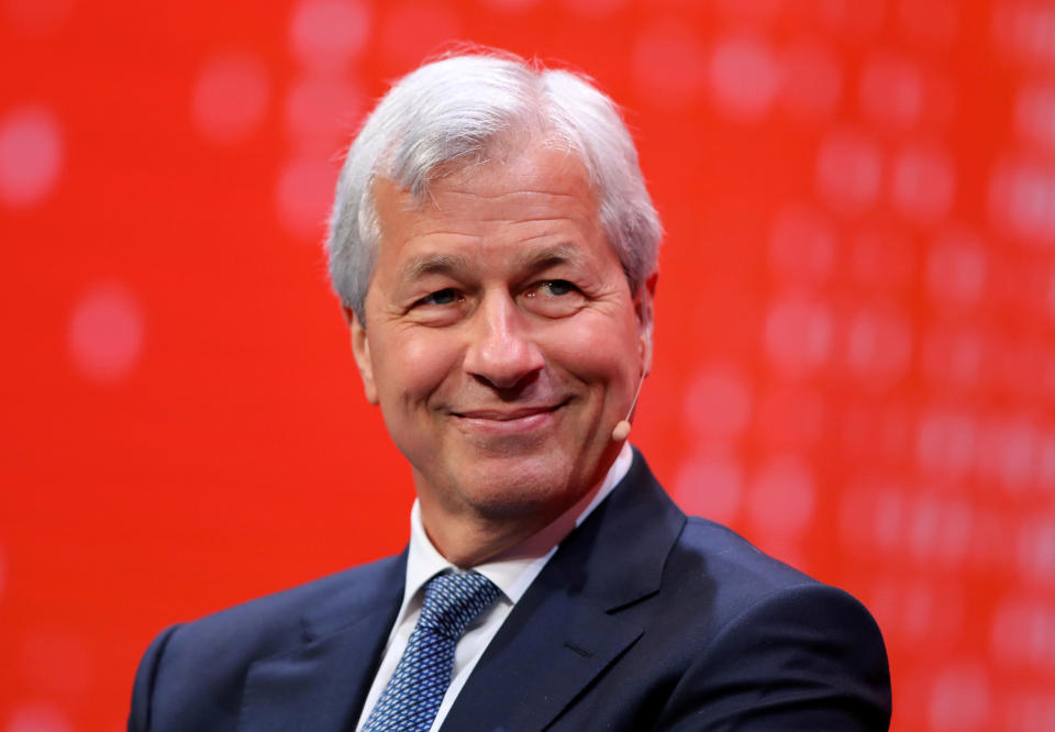 FILE PHOTO: Jamie Dimon, Chairman and CEO of JPMorgan Chase & Co. speaks during the Milken Institute Global Conference in Beverly Hills, California, U.S., May 1, 2017. REUTERS/Mike Blake/File Photo